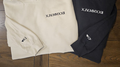 Custom Embroidered Roman Numeral Hoodie - Couples Gift - Personalized Gift Date Hoodie Initial on Sleeve - Engagements, 1st Anniversary gift