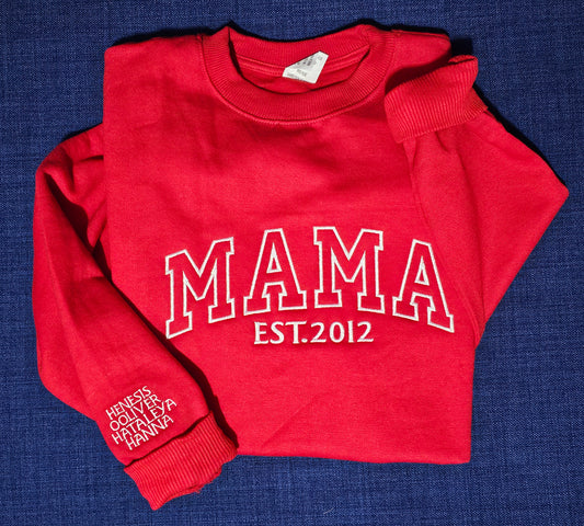 Mama Embroidered Sweatshirt, Custom Mama Shirt With Kids Names, Heart On Sleeve, Pregnancy Reveal Hoodie Gift For New Mom, Mother's Day Gift