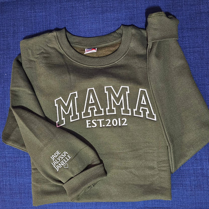 Mama Embroidered Sweatshirt, Custom Mama Shirt With Kids Names, Heart On Sleeve, Pregnancy Reveal Hoodie Gift For New Mom, Mother's Day Gift